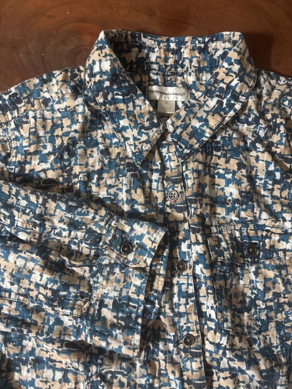 Christopher & Banks Blue Tan Abstract Print Button Up Shirt XL